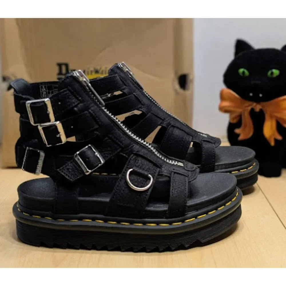 Dr. Martens Olson Grey Tumbled Nubuck Leather Gladiator Zip Sandals UK 5 NIB